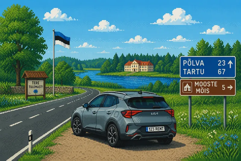 Vuokra-auto pysäköitynä luonnonkauniille tielle Virossa Vuokra-auto pysäköitynä luonnonkauniille tielle Virossa