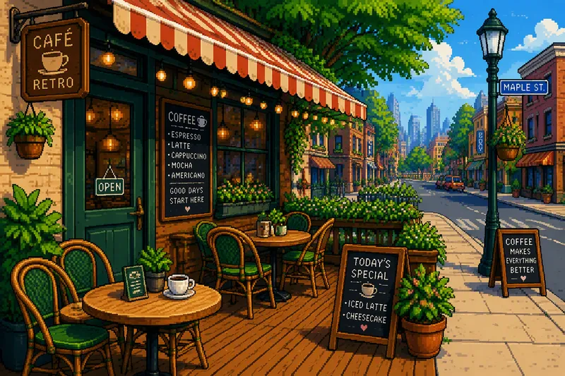 Café XS:n viihtyisä ulkoterassi aurinkoisella kävelykadulla Café XS:n viihtyisä ulkoterassi aurinkoisella kävelykadulla