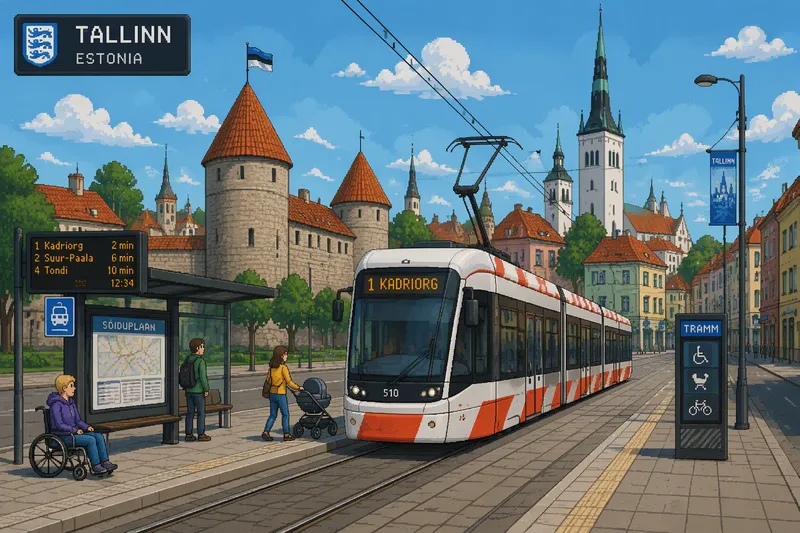 Moderni raitiovaunu Tallinnan esteettömällä pysäkillä Moderni raitiovaunu Tallinnan esteettömällä pysäkillä