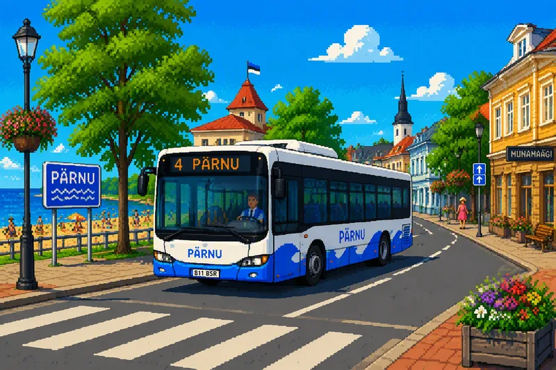 Pärnun paikallisbussi ajamassa kaupungin kadulla Pärnun paikallisbussi ajamassa kaupungin kadulla