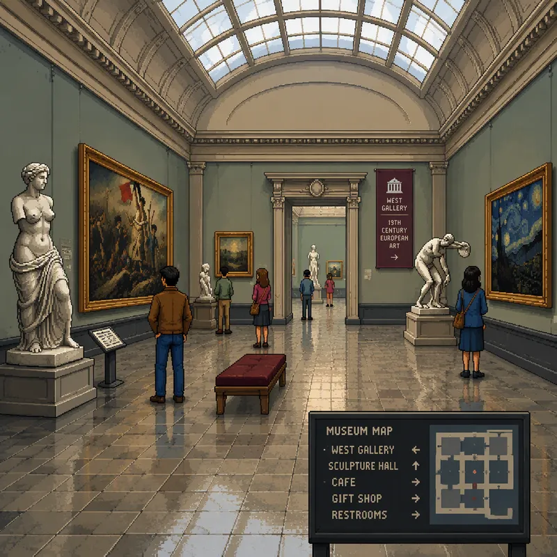 Museovieraat tutkimassa näyttelyitä galleriatiloissa Museovieraat tutkimassa näyttelyitä galleriatiloissa
