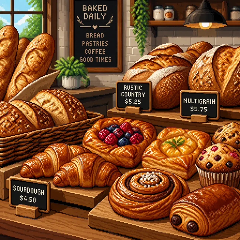 Artisaanileivonnaisia ja tuoretta leipää leipomossa Artisaanileivonnaisia ja tuoretta leipää leipomossa