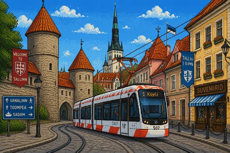 Moderni raitiovaunu ajamassa Tallinnan historiallisessa keskustassa