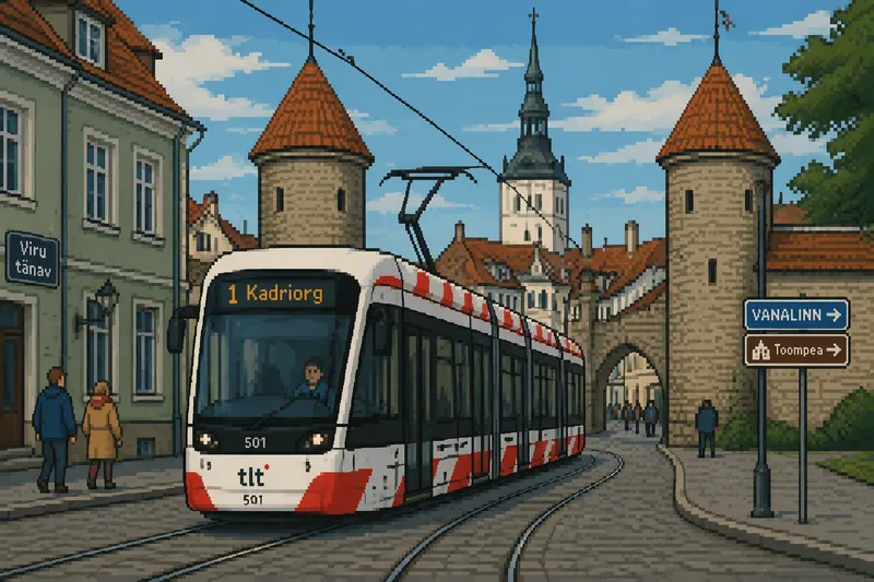 Moderni raitiovaunu ajamassa Tallinnan historiallisessa keskustassa Moderni raitiovaunu ajamassa Tallinnan historiallisessa keskustassa