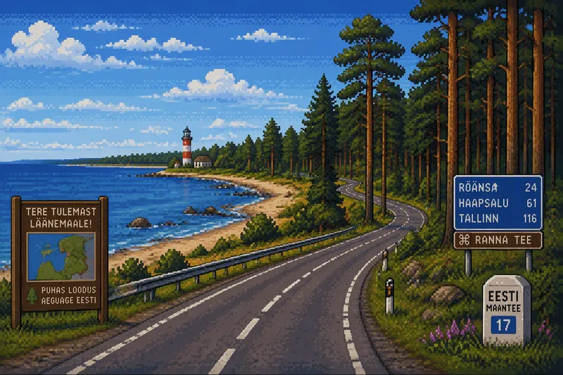 Maisematie Viron rannikolla mäntymetsän keskellä