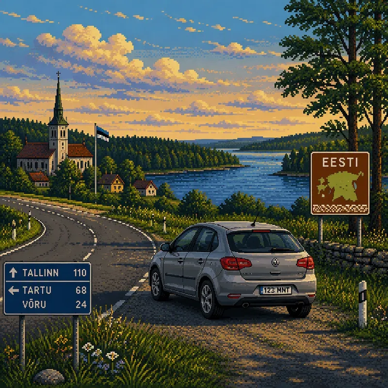 Vuokra-auto pysäköitynä kauniille maaseututielle