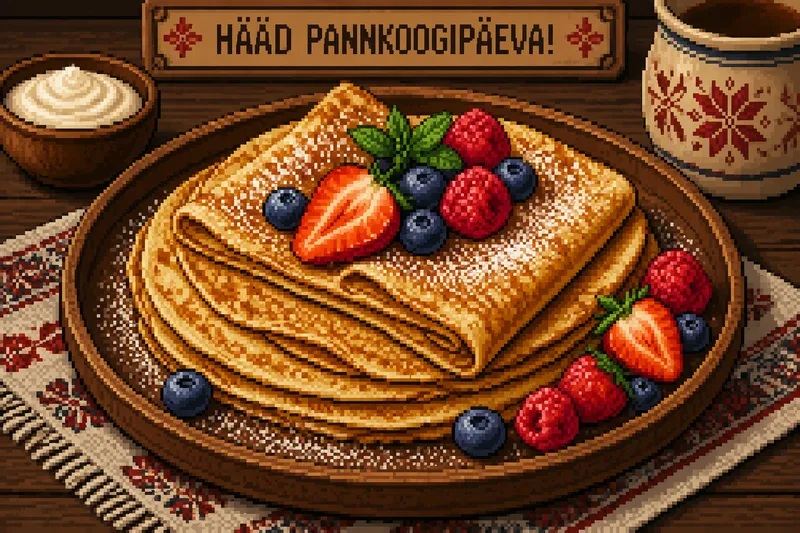 Kultaisen ruskeita pinoon aseteltuja virolaisia pannukakkuja marjoilla Kultaisen ruskeita pinoon aseteltuja virolaisia pannukakkuja marjoilla