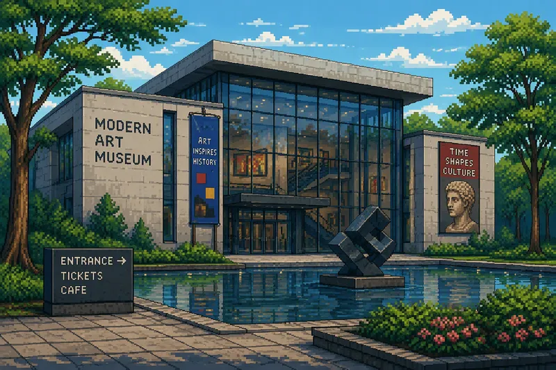 Moderni taidemuseorakennus puiston ympäröimänä Moderni taidemuseorakennus puiston ympäröimänä