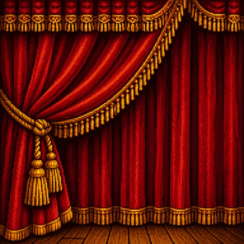 Punainen teatteriesirippu ja kultaiset tupsut Punainen teatteriesirippu ja kultaiset tupsut