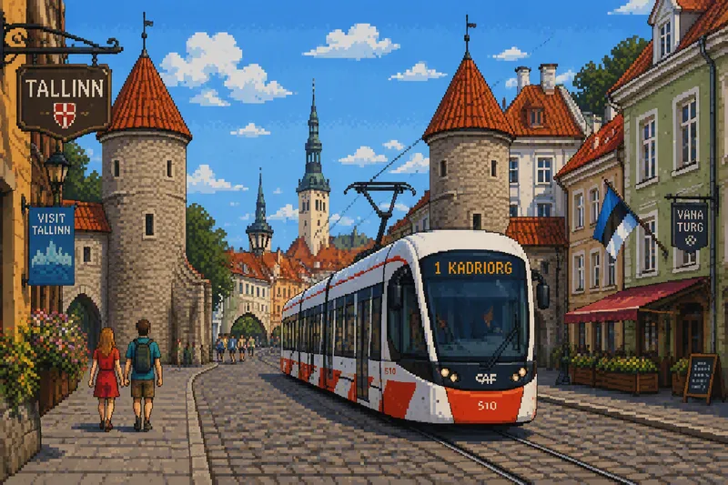 Moderni raitiovaunu ajamassa Tallinnan vanhankaupungin kadulla Moderni raitiovaunu ajamassa Tallinnan vanhankaupungin kadulla