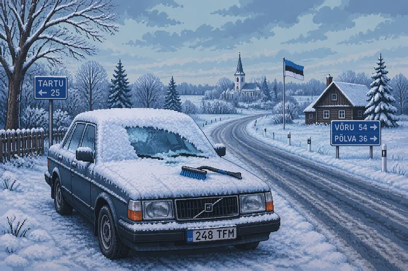 Lumikerroksen peittämä auto ja talvivarusteet