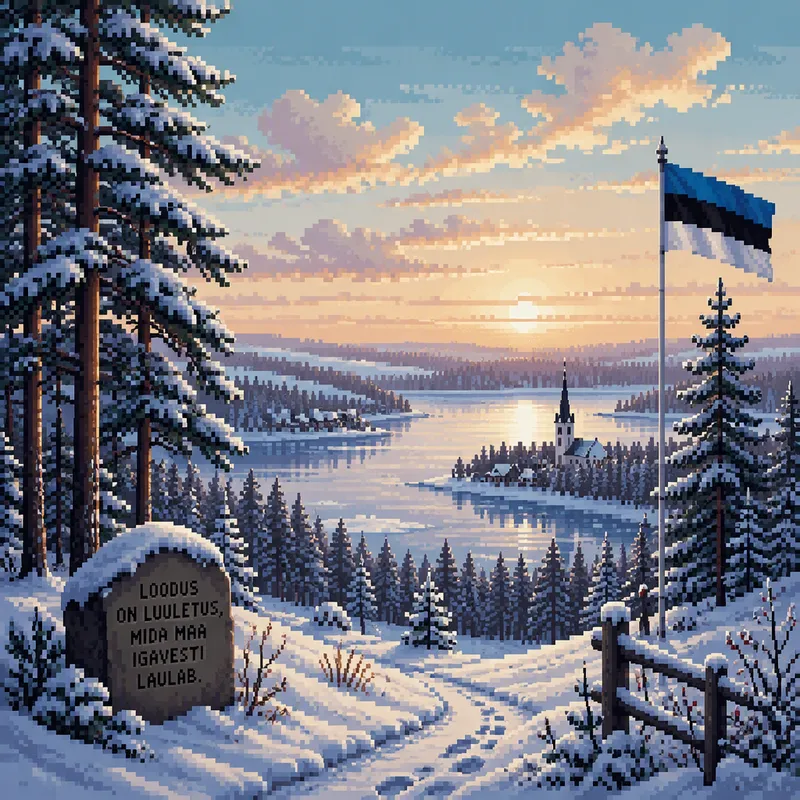 Luminen virolainen havumetsä talvisena aamuna Luminen virolainen havumetsä talvisena aamuna